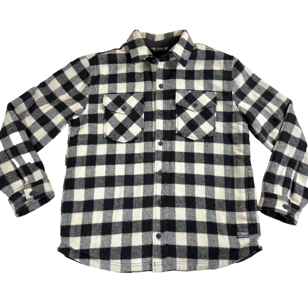 90's Vintage LL Bean Mens M Buffalo Check Wool Field‎ Coat Jacket White Black
